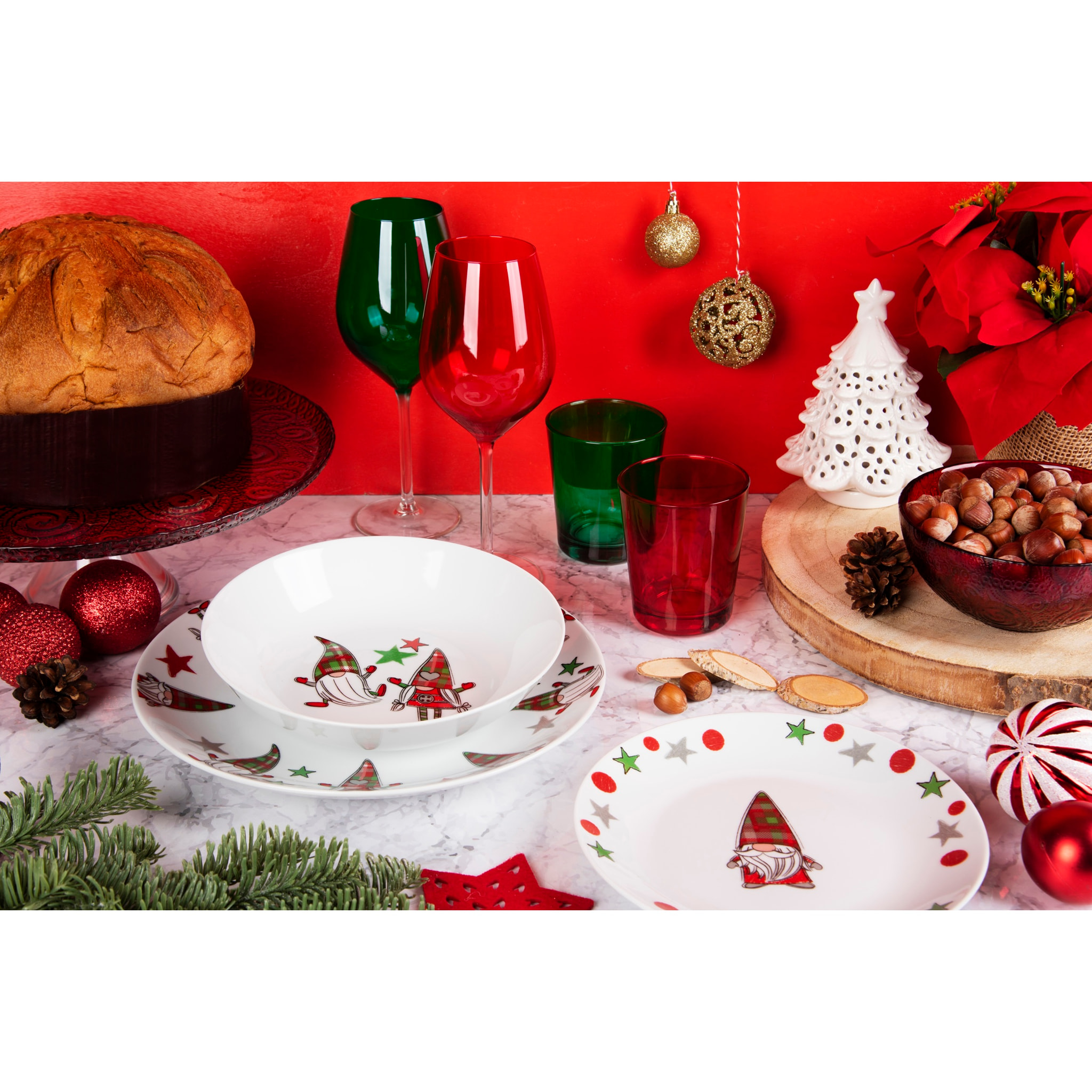 Service de table 18 pièces Excelsa - Tartan Gnome, porcelaine blanche