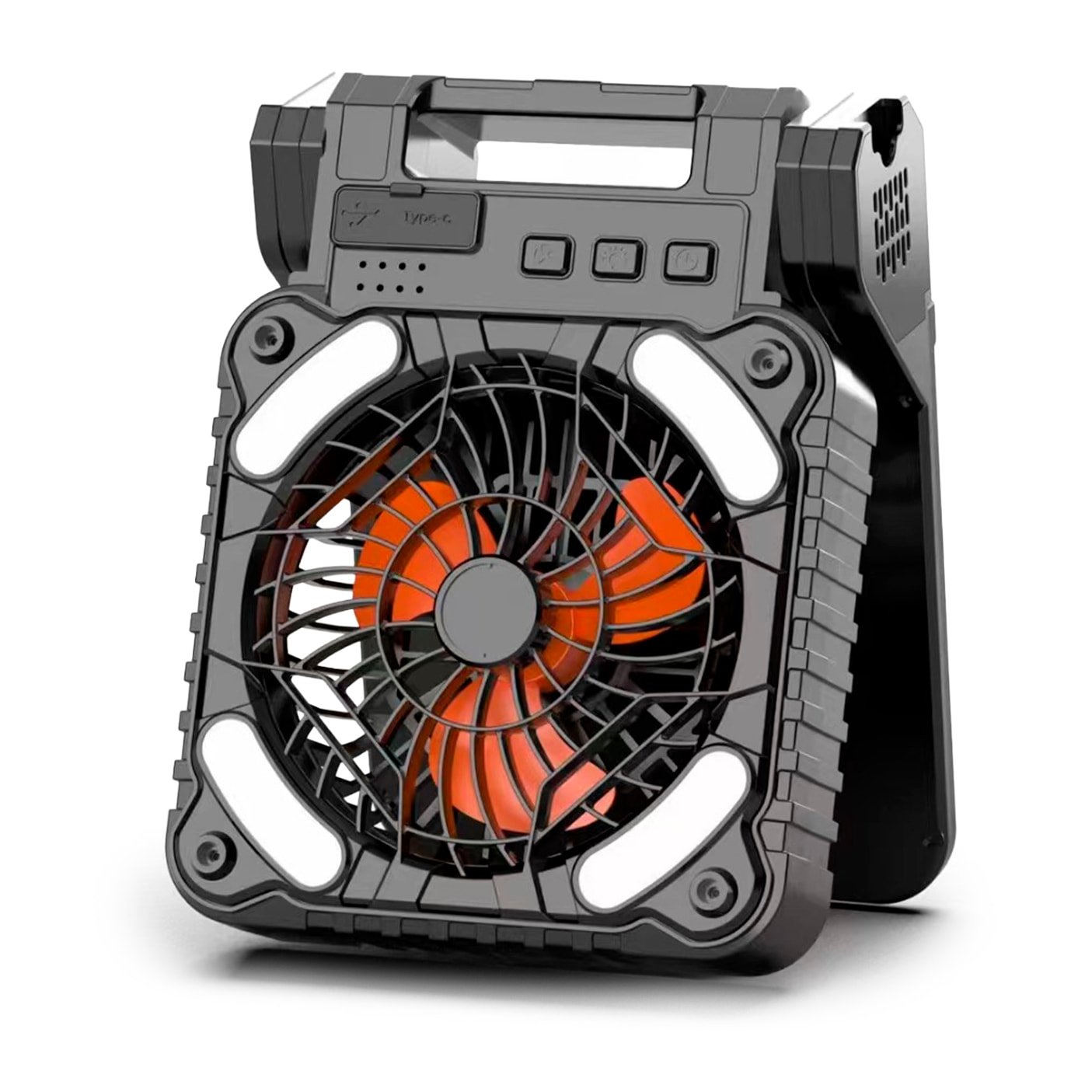 Ventilador x99 solar LED recargable con motor sin escobillas 9V, 16 LEDs (2W) y 4 velocidades. Velocidad del aire 4,5 m/s y hasta 2800 rpm. Función powerbank con doble batería de 2600 mAh.