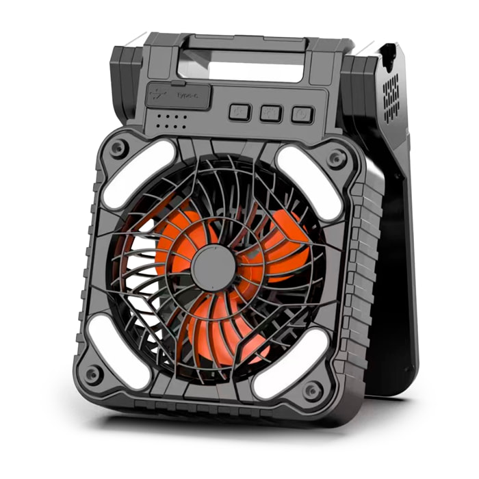 Ventilador x99 solar LED recargable con motor sin escobillas 9V, 16 LEDs (2W) y 4 velocidades. Velocidad del aire 4,5 m/s y hasta 2800 rpm. Función powerbank con doble batería de 2600 mAh.