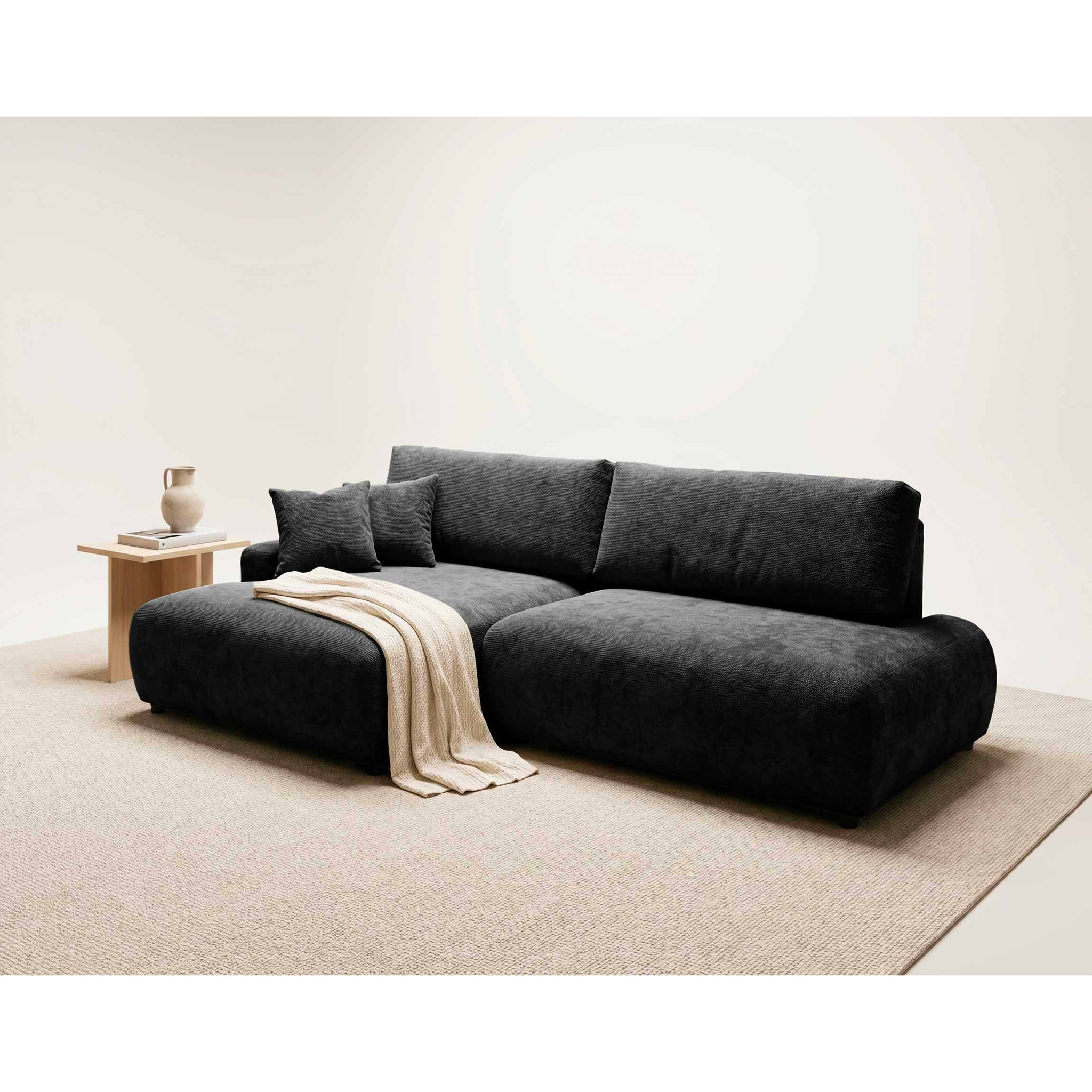 Pivoine - Canapé d'angle ouvert gauche 4 places convertible avec coffre en tissu texturé - Noir