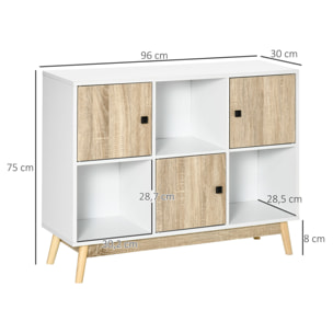 Bibliothèque meuble de rangement design scandinave 3 niches 3 portes panneaux particules blanc aspect chêne clair