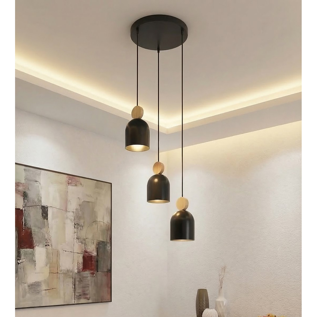 Lampada a sospensione Mesi in acciaio nero e legno naturale