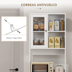 Alacena de Cocina Armario de Cocina Buffet Aparador con 2 Puertas de Vidrio Compartimentos Abiertos 4 Cajones y Estantes Ajustables 60x35x180 cm Blanco