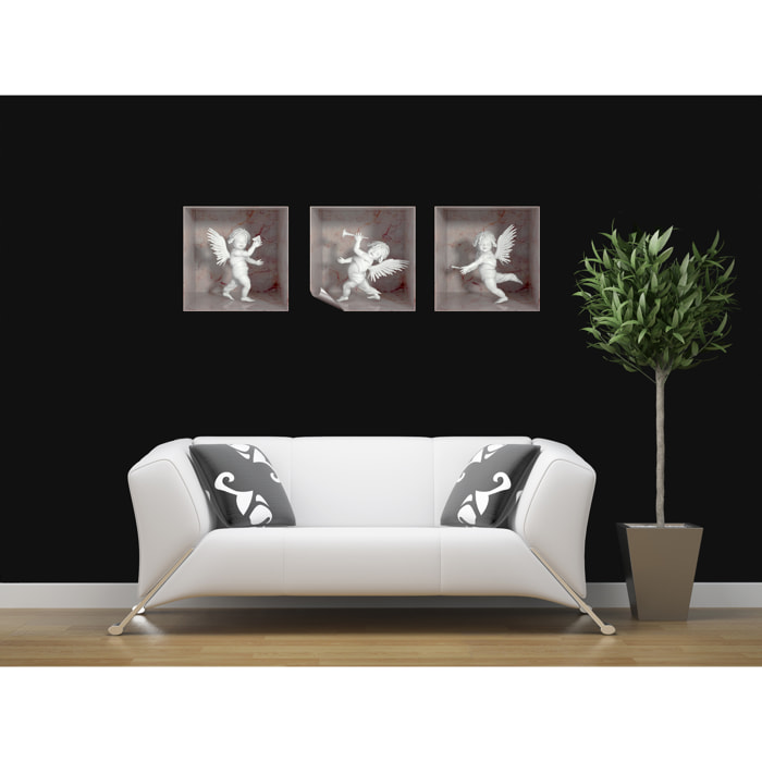 Stickers muraux 3D | Sticker Mural Autocollant effet 3D 3 anges marbre blanc et rose - Stickers adhésifs 3D Chambre Salon Trompe l'oeil