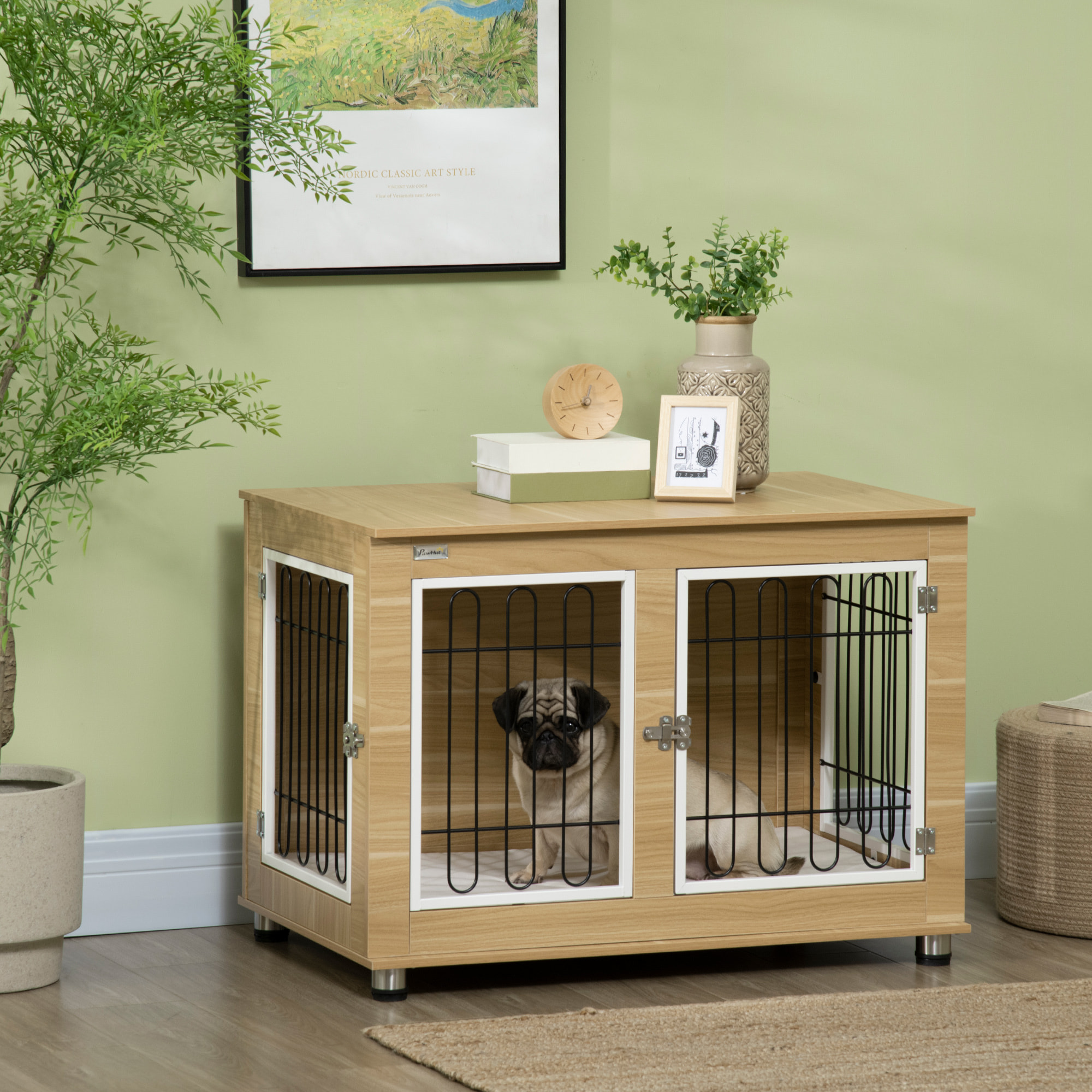 Jaula para Perros Mesa Auxiliar con Cojín Lavable Casa para Mascotas con Estructura de Acero para Perros Medianos y Grandes 90x58x65 cm Roble