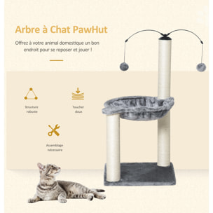 Arbre à chat 2 griffoirs grattoirs sisal naturel hamac jeu 2 boules suspendues peluche haute densité 400 g/m² gris