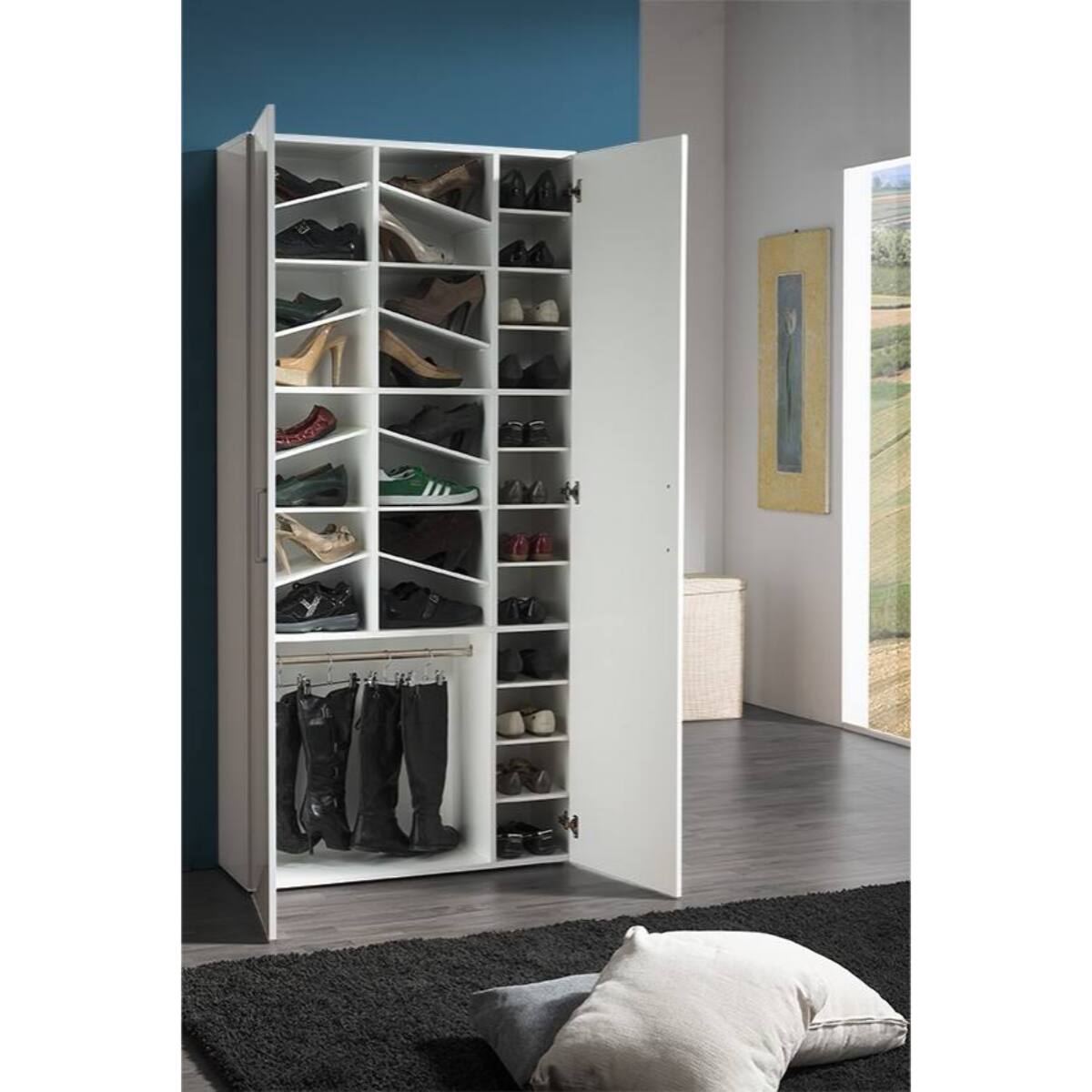 Scarpiera Actra, Mobile multiuso a 2 ante e scaffali interni, Portascarpe da ingresso, 100% Made in Italy, cm 91x33h190, Bianco lucido