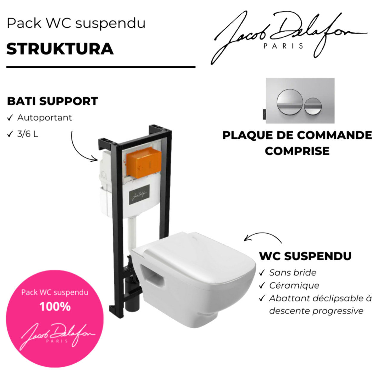 Pack WC suspendu sans bride Struktura+ bâti-support + plaque Chrome brillant/Chrome mat