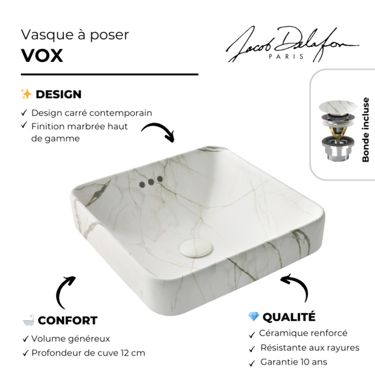 Vasque carrée à poser Vox effet marbre sculptural