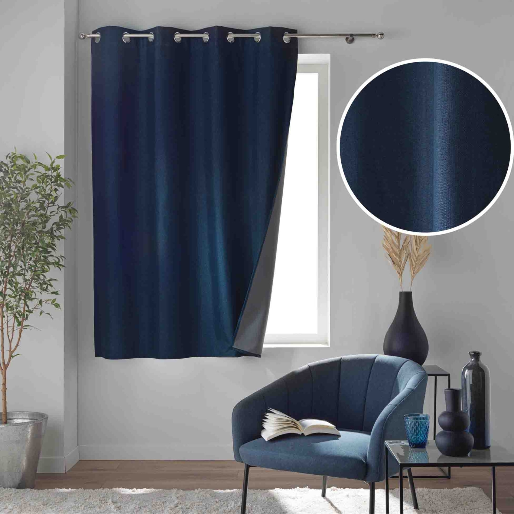 Rideau court occultant à œillets en chambray uni - Bleu