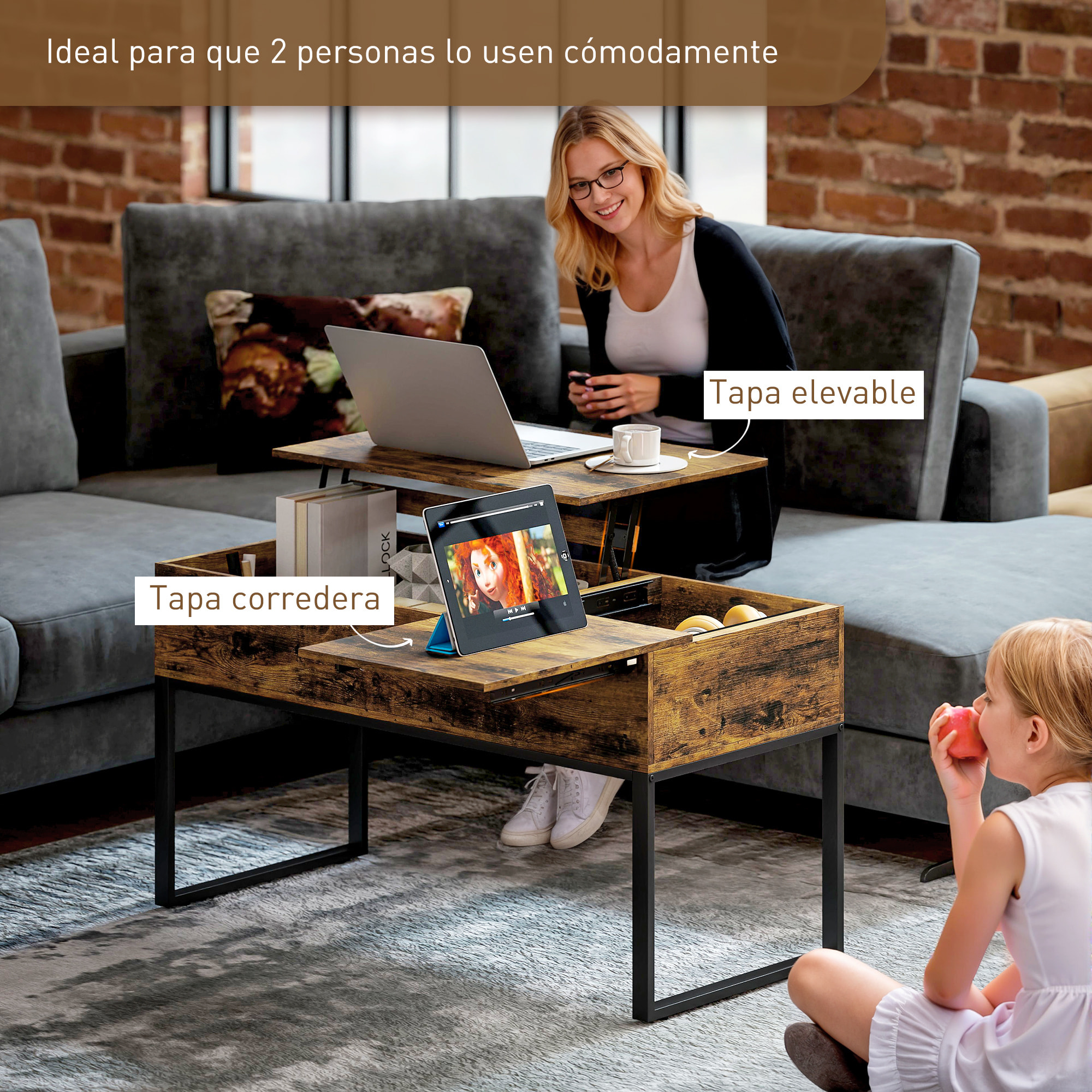 Mesa de Centro Elevable Mesa de Café con Encimera Deslizante Cierre Suave Espacio Oculto de Almacenaje 100x45x67 cm Marrón Rústico