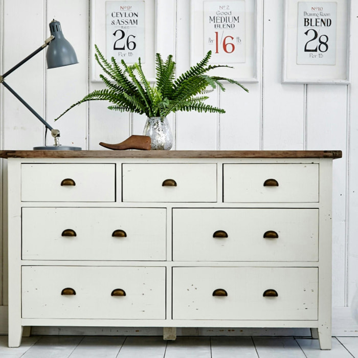 Commode blanche bois recyclé 7 tiroirs BRISTOL