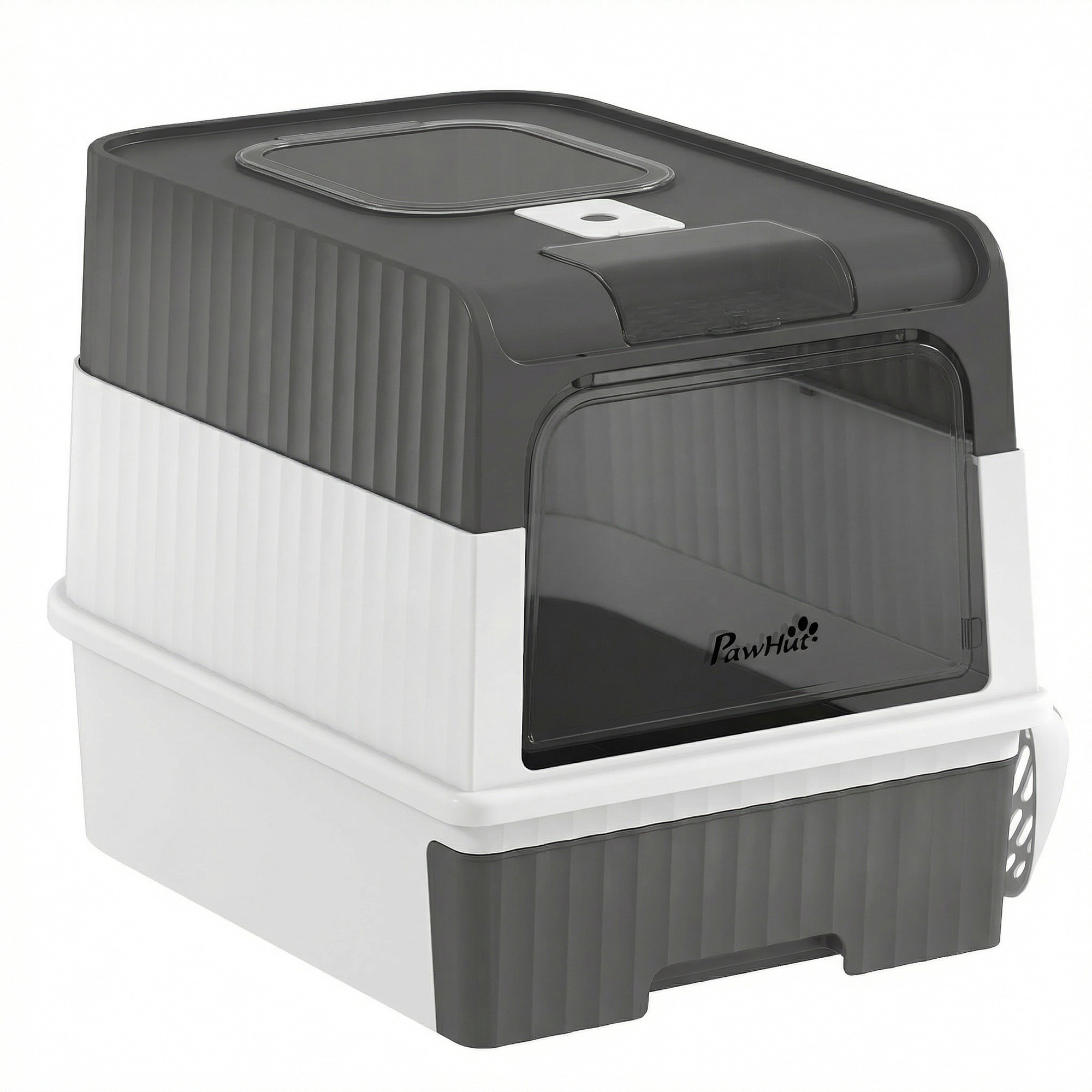 Maison de toilette chat - couvercle, trappe, plateau coulissant, accessoires - blanc gris