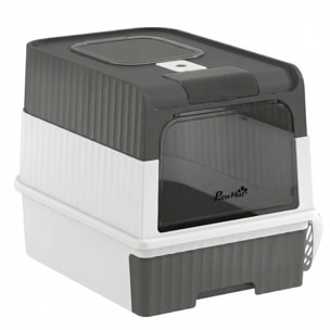 Maison de toilette chat - couvercle, trappe, plateau coulissant, accessoires - blanc gris
