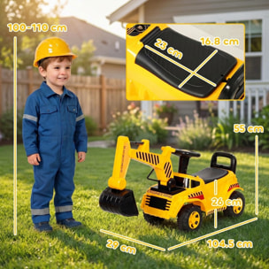 Trotteur porteur tractopelle pelleteuse avec casque et klaxon jaune noir