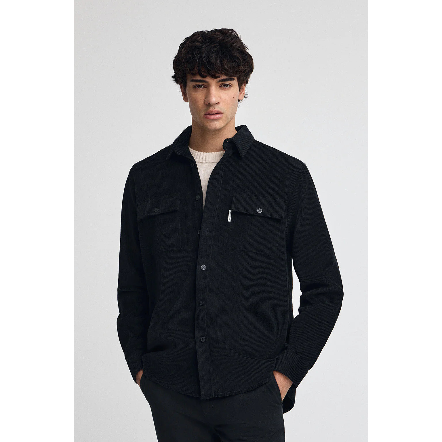 Sobrecamisa azul marino de pana con cuello frances y logo Polo Club