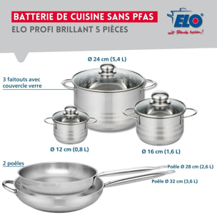 Ensemble de 2 Poêles de cuisson 28 et 32 cm et 3 faitouts 12, 16 et 24 cm Elo Profi Brillant