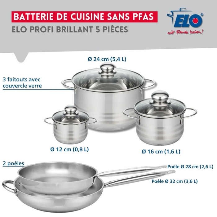 Ensemble de 2 Poêles de cuisson 28 et 32 cm et 3 faitouts 12, 16 et 24 cm Elo Profi Brillant