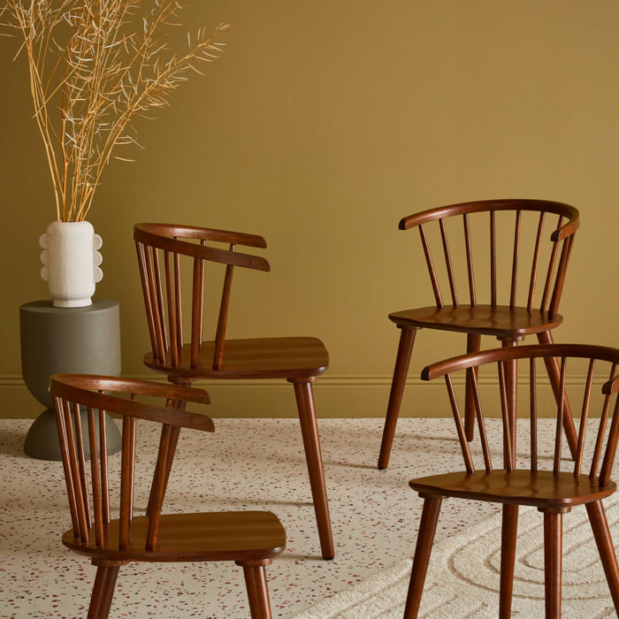 Lot de 4 chaises noyer à barreaux en bois et contreplaqué. Paula. L 51 x P 53 x H 75cm