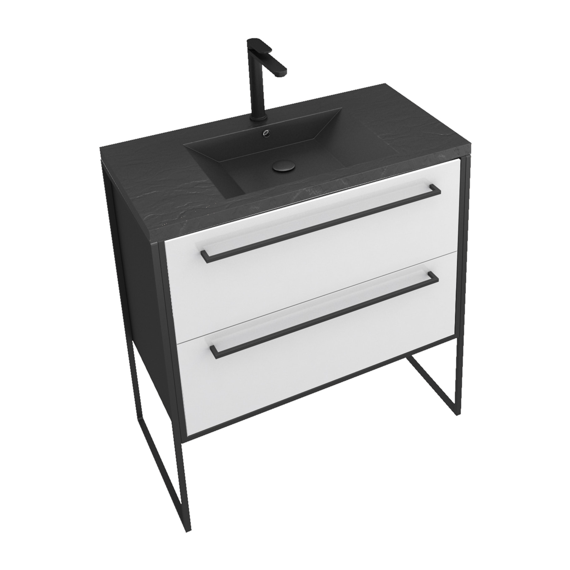 Meuble de salle de bain 80x50 cm Noir MAT - 2 tiroirs BLANC - vasque résine noire effet pierre