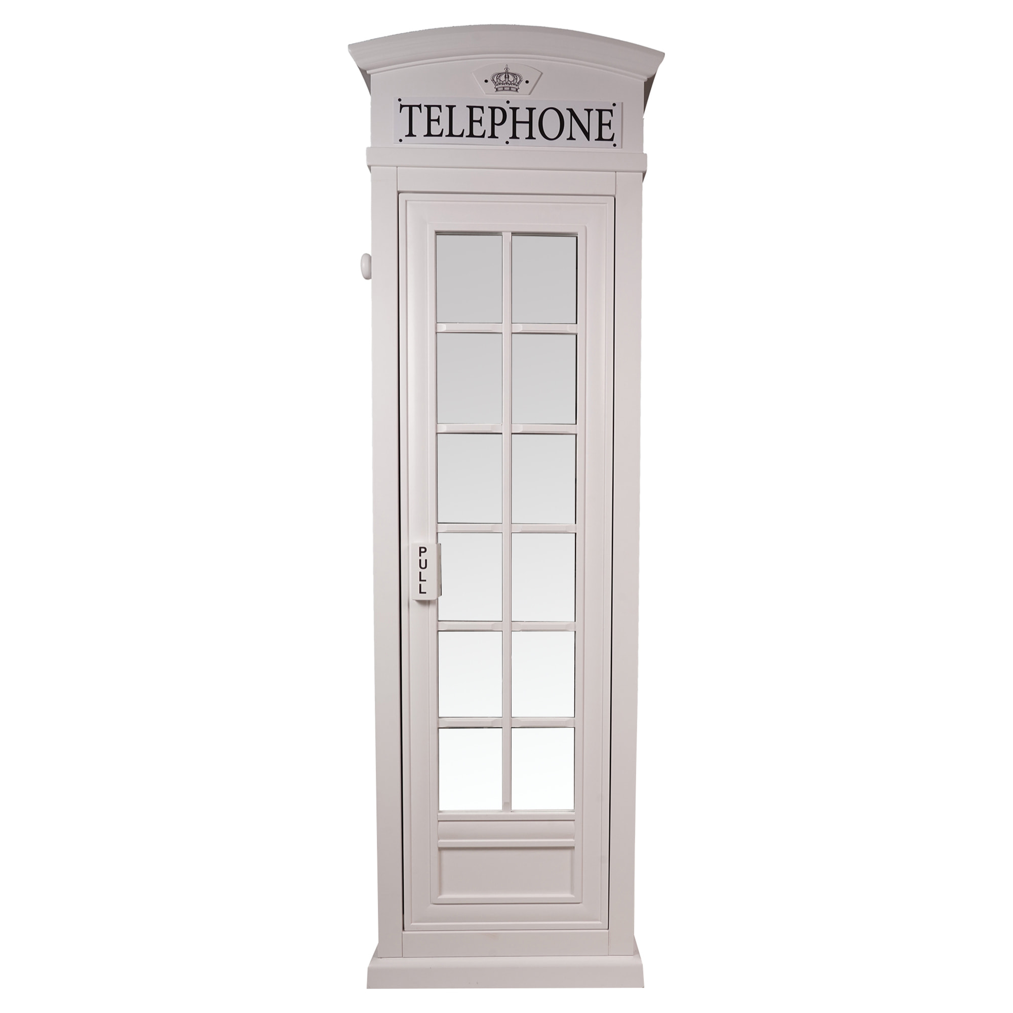 Armadio "cabina telefonica londinese" con 3 ripiani e anta a specchio, Made in Italy, Guardaroba per camera da letto, cm 68x55h215, colore Bianco