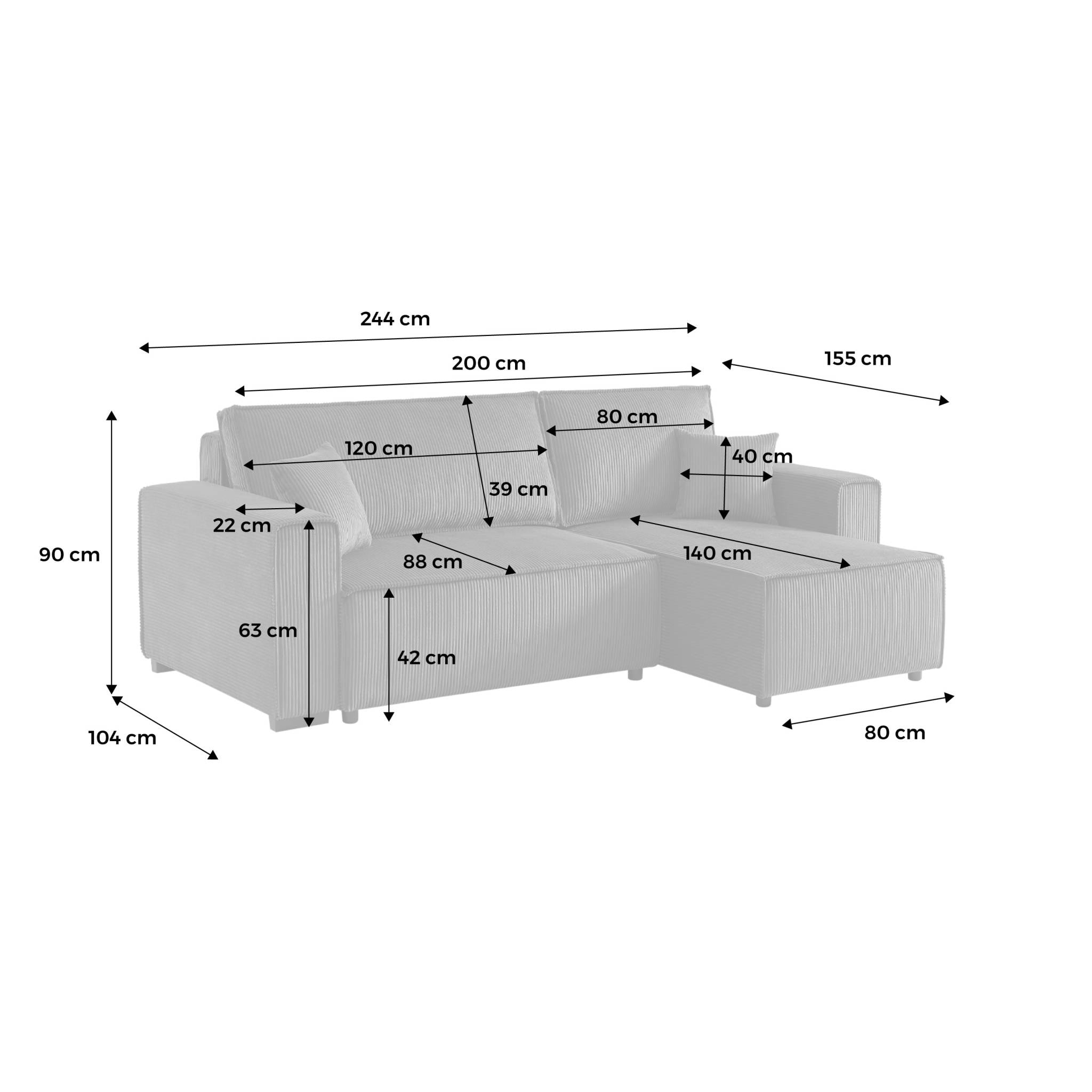 Canapé d'angle convertible réversible 3 places velours côtelé grosse côte blanc crème