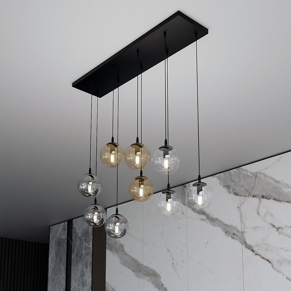 Lampada a sospensione Cosmo in acciaio nero con diffusori in vetro