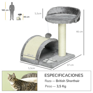 Árbol Rascador para Gatos Pequeños Altura 46 cm de 2 Niveles Árbol para Gatos con Poste Tablero para Rascar Plataformas y Juguete de Bola Colgante 35,5x37x46 cm Gris