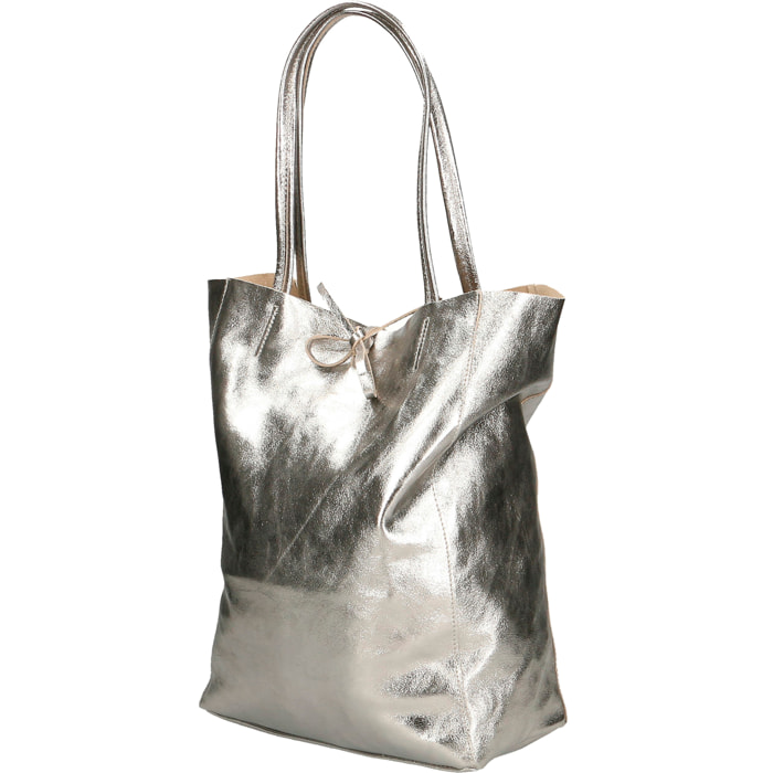 Chicca Borse - Borsa a Spalla Shopper Donna in Vera Pelle - Colore Argento