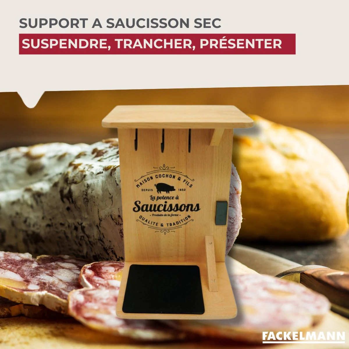 Support en bois pour saucisson sec avec crochets Fackelmann