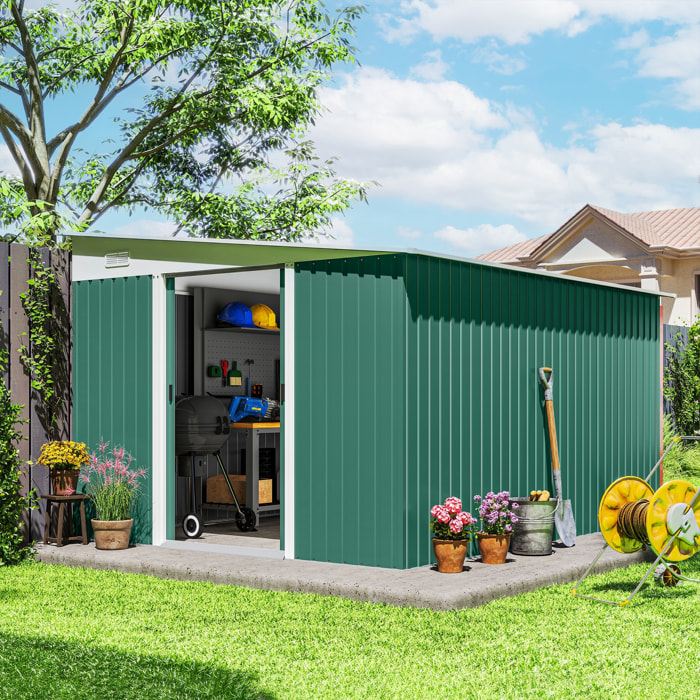 Cobertizo de Jardín Exterior 8,9 m² 280x345x201 cm Caseta de Jardín Exterior Metálica con 2 Puertas Corredizas y 2 Ventanas para Almacenamiento de Herramientas Verde