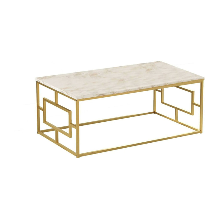 Tavolino da salotto Franca, Tavolo basso da caffè, Portariviste per divano, Ripiano da soggiorno, 100x60h40 cm, Bianco Marmo e Oro
