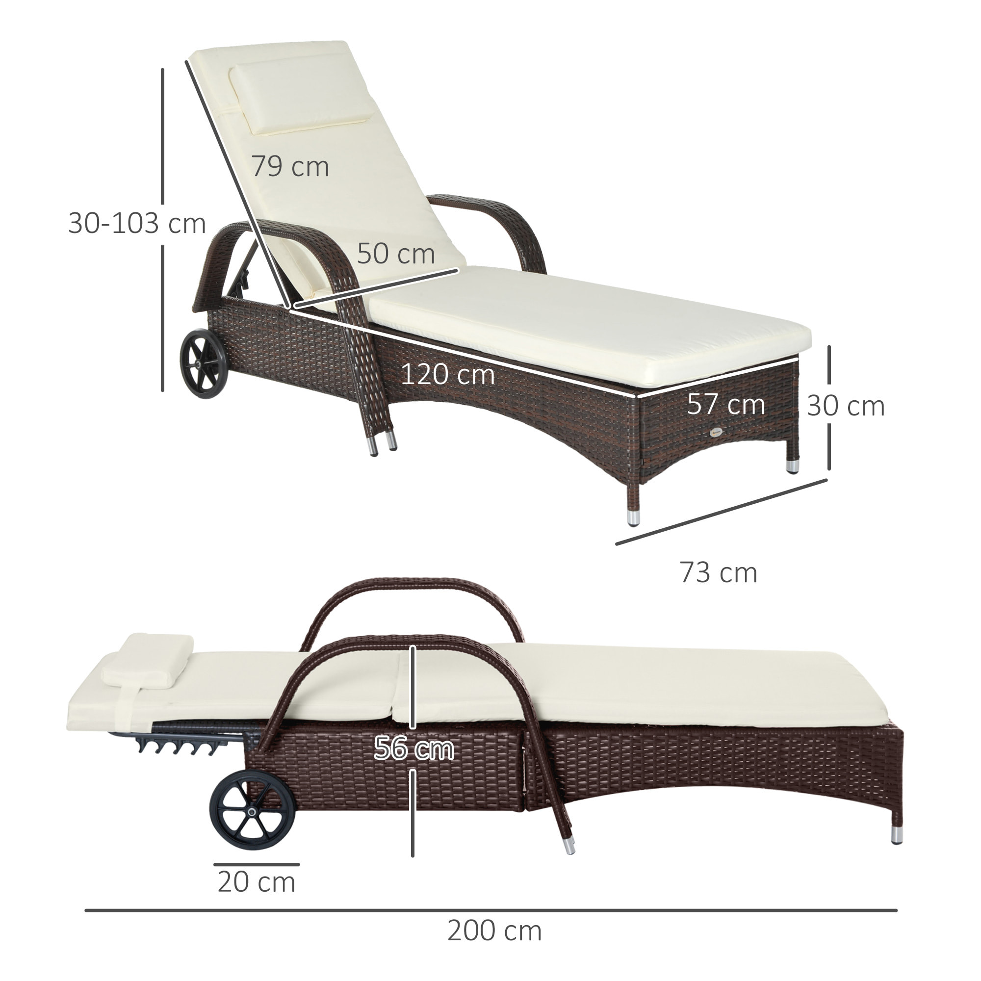 Tumbona de Ratán de Jardín Chaise Longue con Respaldo Ajustable en 5 Posiciones Cojines Acolchados Reposacabezas y 2 Ruedas 200x73x30-103 cm Crema y Marrón