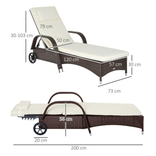 Tumbona de Ratán de Jardín Chaise Longue con Respaldo Ajustable en 5 Posiciones Cojines Acolchados Reposacabezas y 2 Ruedas 200x73x30-103 cm Crema y Marrón