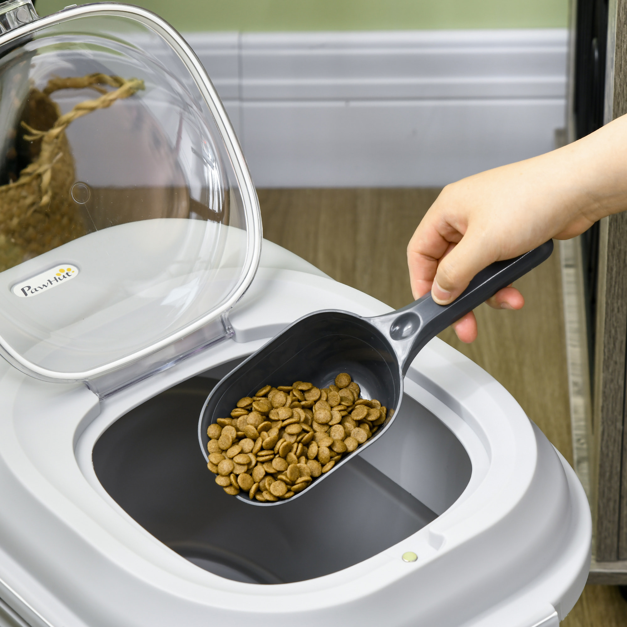 Conteneur à croquettes pour chiens et chats pliable 25L - roulettes, tasse, bol, cuillère - gris