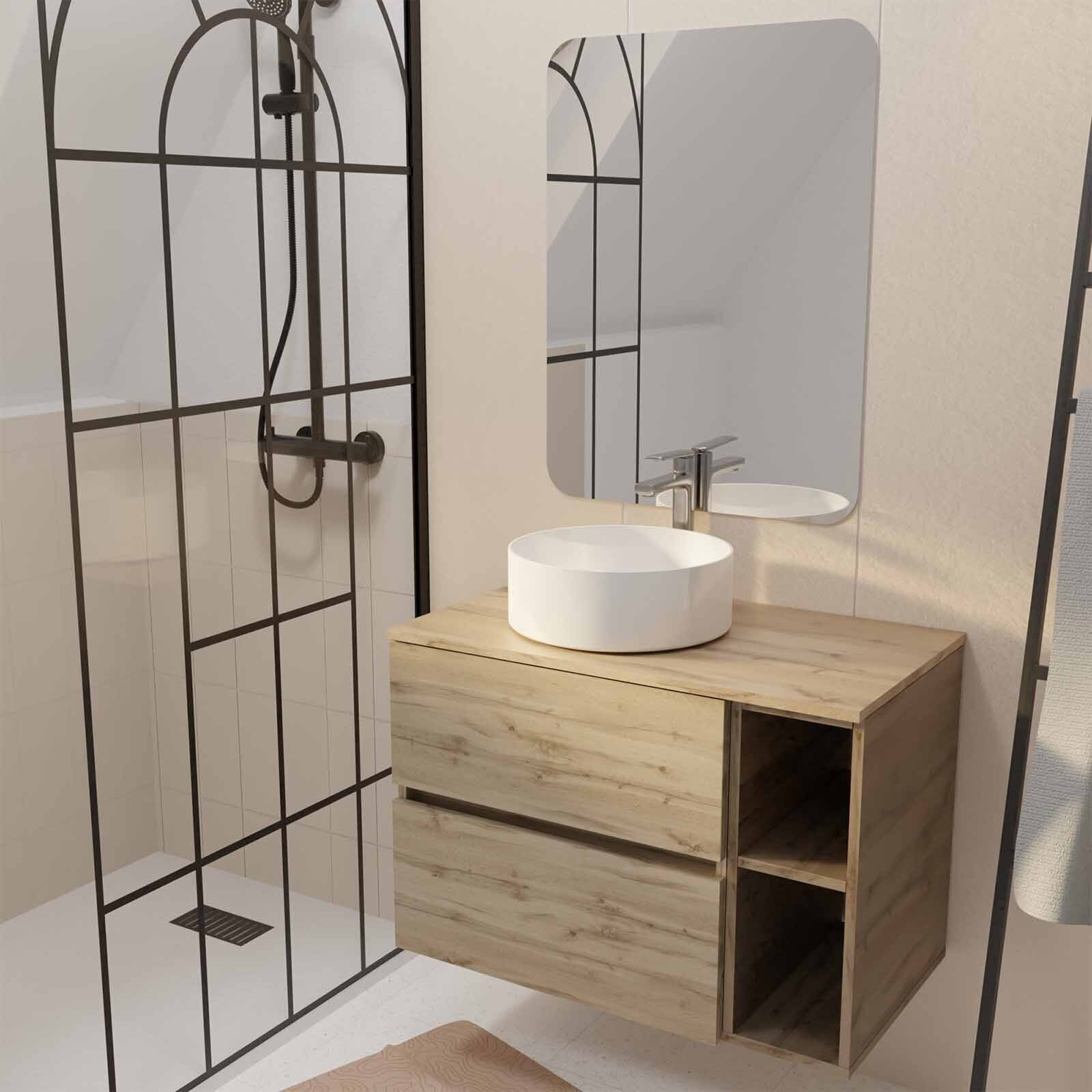 Meuble salle de bains 80 TIMBER Décor Chêne Tiroirs + Module - Vasque Blanche - Miroir 60x80