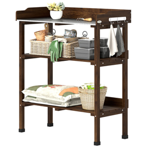 Mesa de Plantación de Madera de 3 Niveles, Mesa de Jardinería con Placa Metálica, 2 Estantes y Ganchos, Resistente a la Intemperie, para Jardín, Terraza, Balcón, 76x37x89 cm, Carbonizado