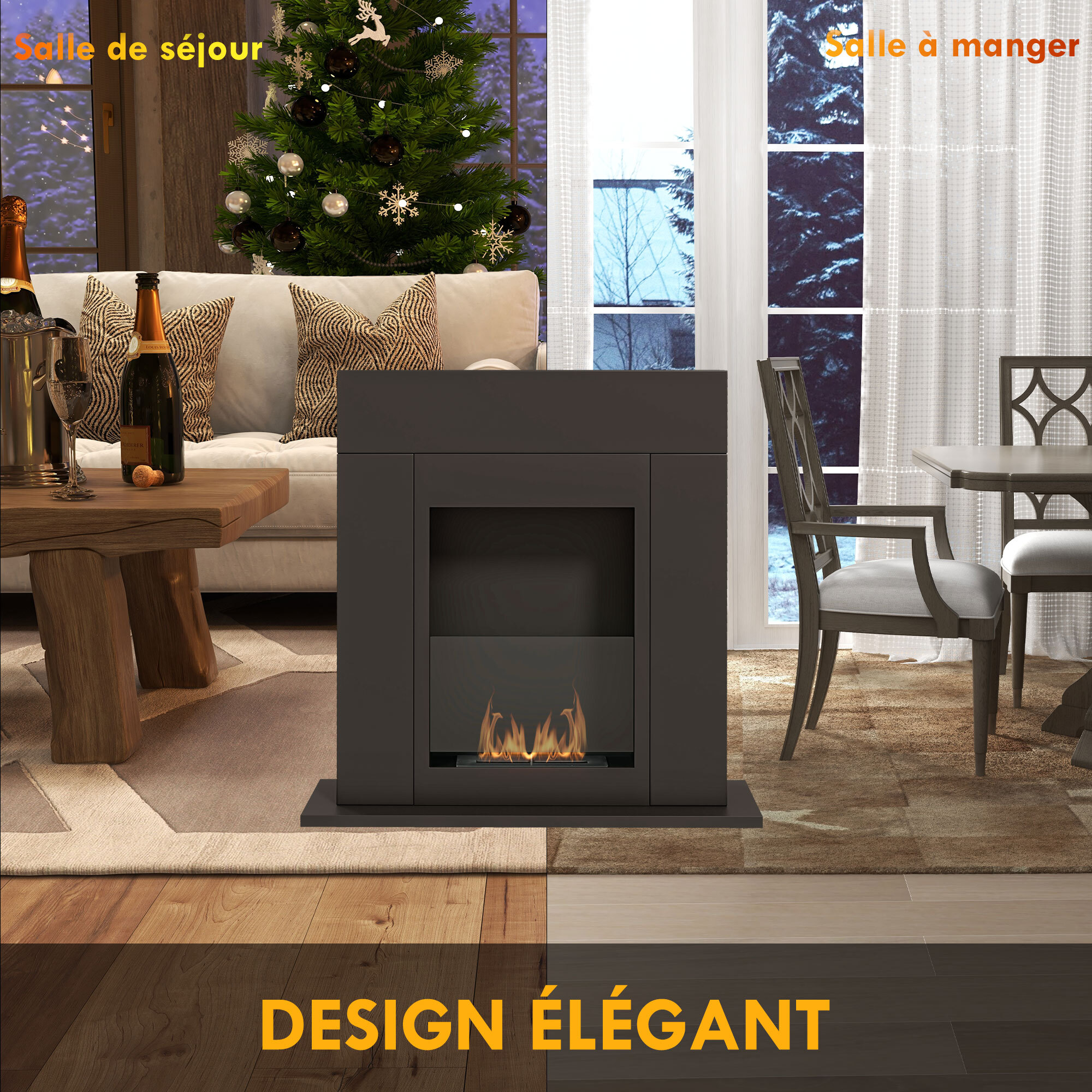 Cheminée bioéthanol design contemporain - brûleur 0,9 L - contrôle de flamme inclus - acier noir verre trempé