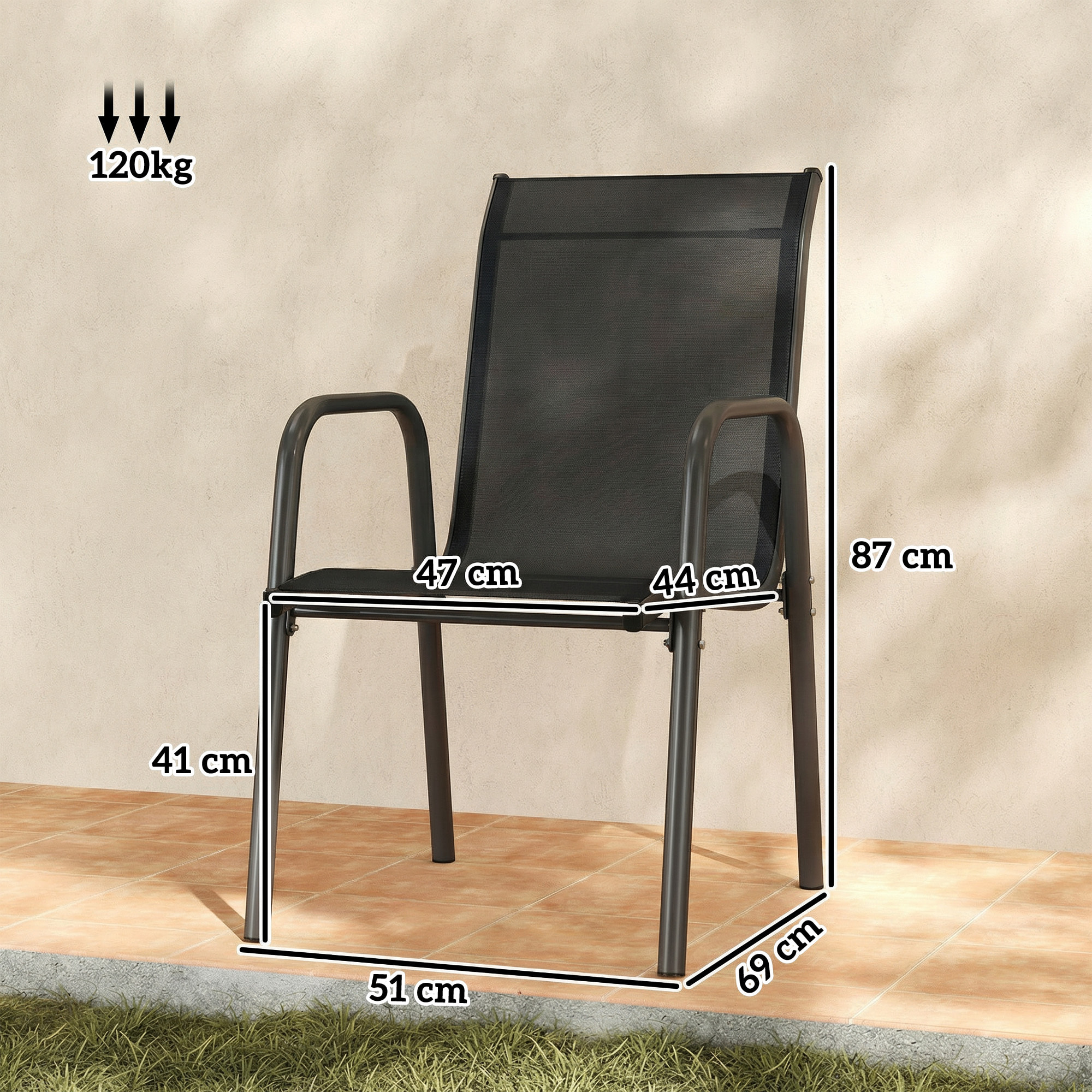 Juego de 6 Sillas de Jardín Exterior Apilables, Sillas Terraza Exterior con Reposabrazos, Asiento y Respaldo de Malla Transpirable, Estructura Metálica Resistente, 51x69x87 cm, Negro