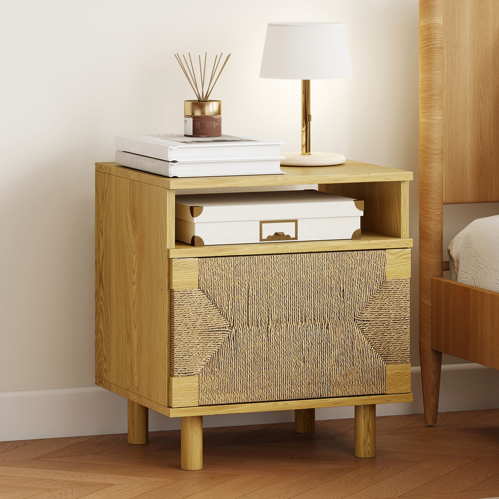 Mesita de Noche Bohemio con Puerta de Cuerda de Papel, Mesilla de Noche con Estante Abierto, Patas de Madera y Apertura por Presión, Mesa Auxiliar para Dormitorio, Salón, 45x39x50 cm, Roble