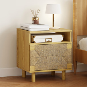 Mesita de Noche Bohemio con Puerta de Cuerda de Papel, Mesilla de Noche con Estante Abierto, Patas de Madera y Apertura por Presión, Mesa Auxiliar para Dormitorio, Salón, 45x39x50 cm, Roble