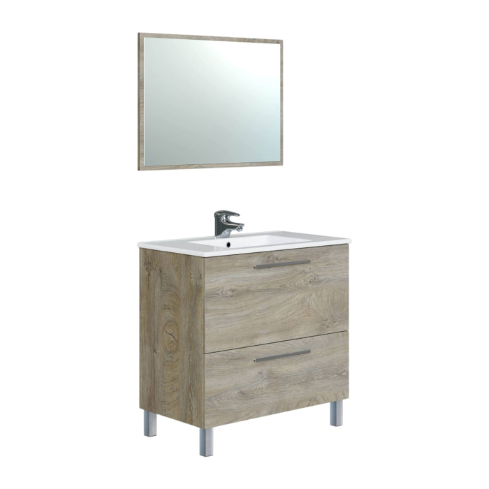 Mobile sottolavabo Hayward, Mobiletto per bagno, Armadio a 2 cassetti e specchio, lavabo non incluso, cm 80x45h80, Rovere