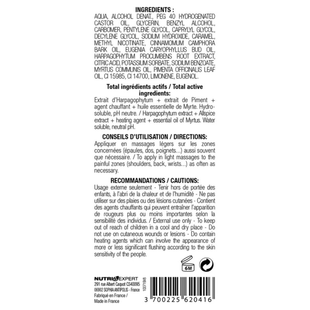 NUTRI EXPERT - Gel Artrogenol - Soulage et apaise les douleurs articulaires - Gel à effet chauffant - Lot de 3 produits