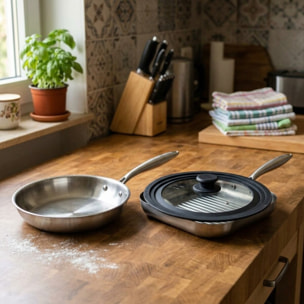 Poêle à Frire 26 cm et Gril 28 cm inox 18/10 Triply et couvercle Fackelmann Vita3