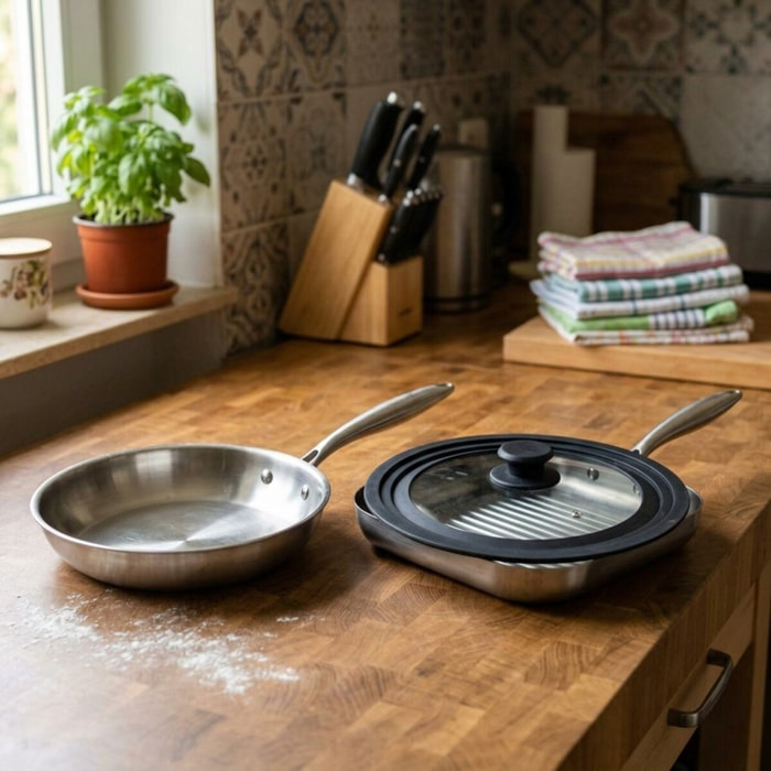 Poêle à Frire 26 cm et Gril 28 cm inox 18/10 Triply et couvercle Fackelmann Vita3