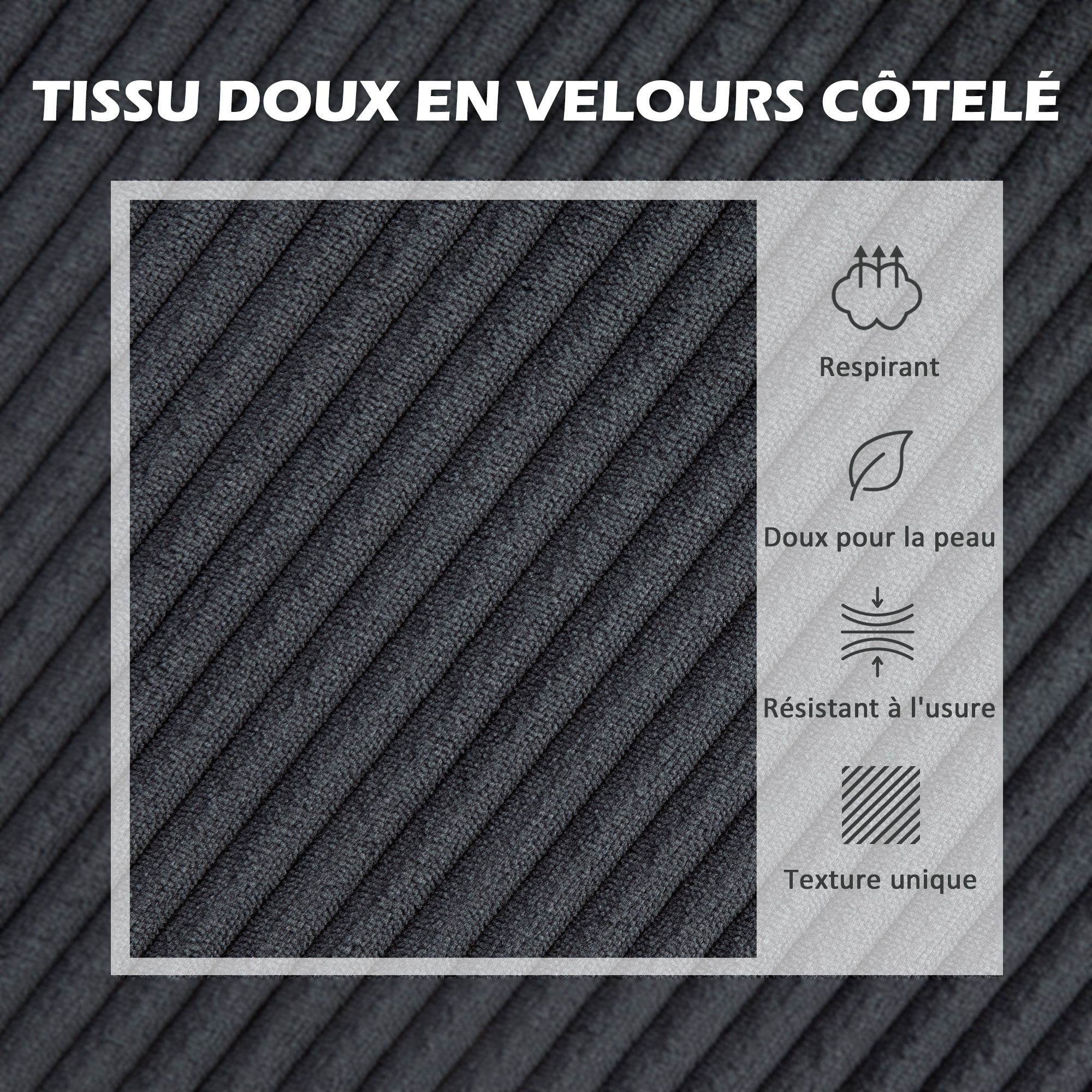 Canapé d'angle 3 places en velours côtelé dim. 214 x 134 cm gris