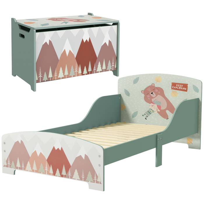 Conjunto para Niños Incluye 1 Cama Infantil de Madera Carga Máx. 40 kg 143x77x60 cm y 1 Baúl de Almacenamiento 60x37x39 cm con Estampados Verde