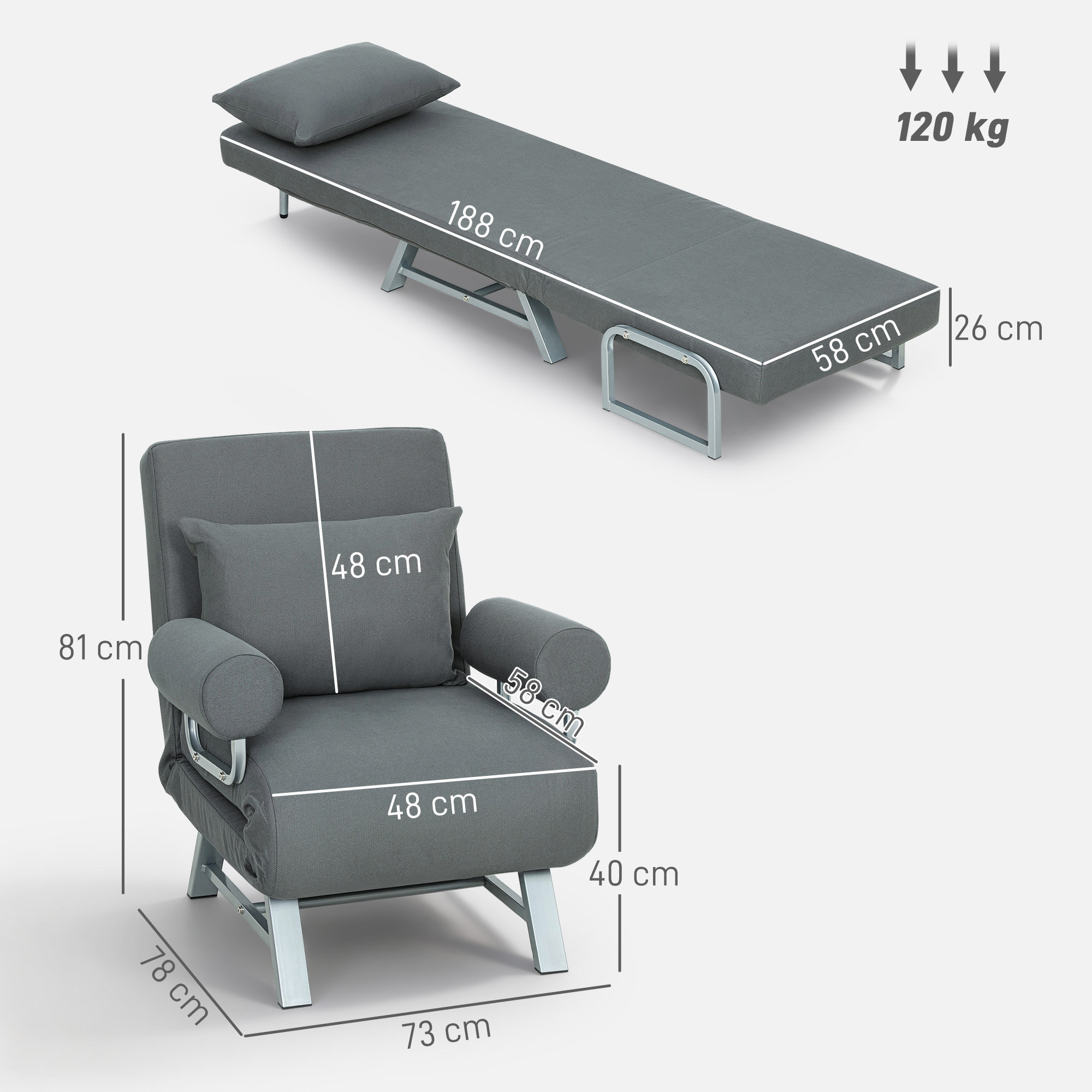 Fauteuil chauffeuse convertible inclinable coussin lombaires accoudoirs piètement métal lin gris foncé