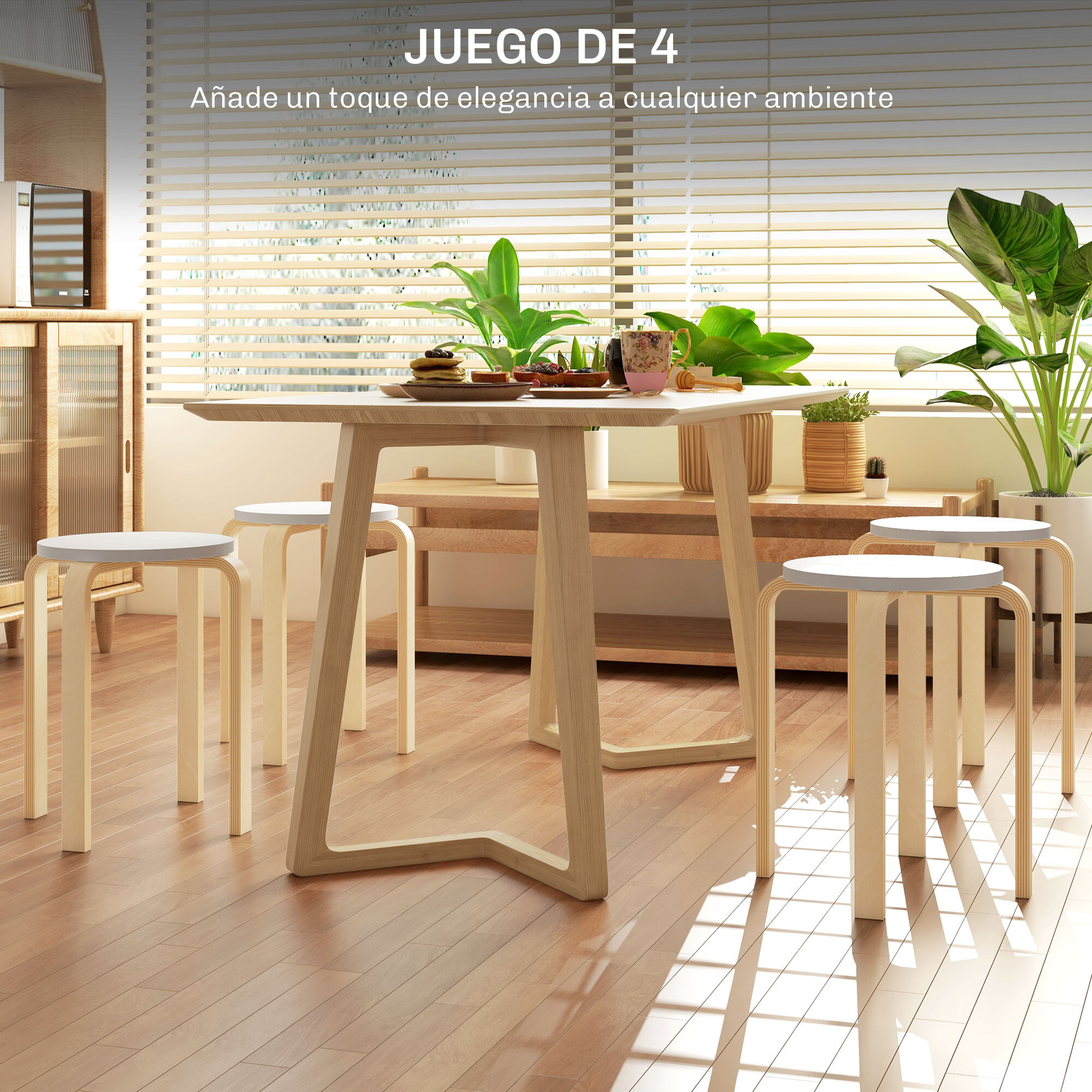 Taburetes Apilables Juego de 4 Taburetes Multiusos Taburetes de Madera Redondos Carga 120 kg para Salón Oficina Dormitorio Estudio Ø40x45 cm Natural y Blanco