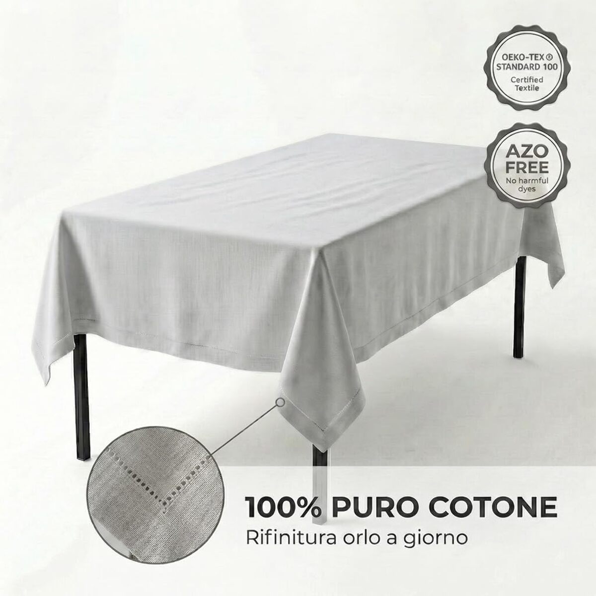 Tovaglia in cotone ajour elegante e versatile, tessuto morbido e resistente, ideale per tavola quotidiana e occasioni formali, design raffinato e discreto, facile da lavare e stirare, certificata sicura per uso domestico
